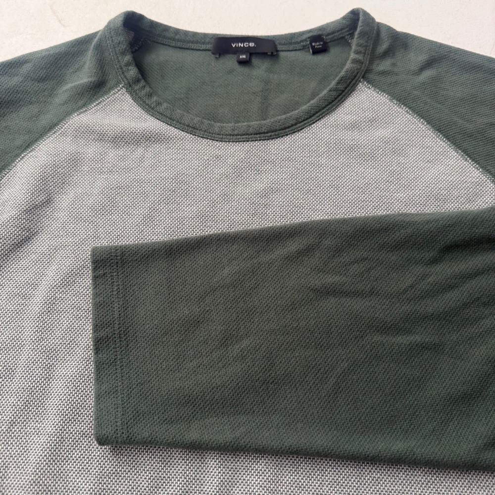 Vince Mens XXL Pima Cotton Raglan Long Sleeve T-Shirt Green Grey Textured Tee